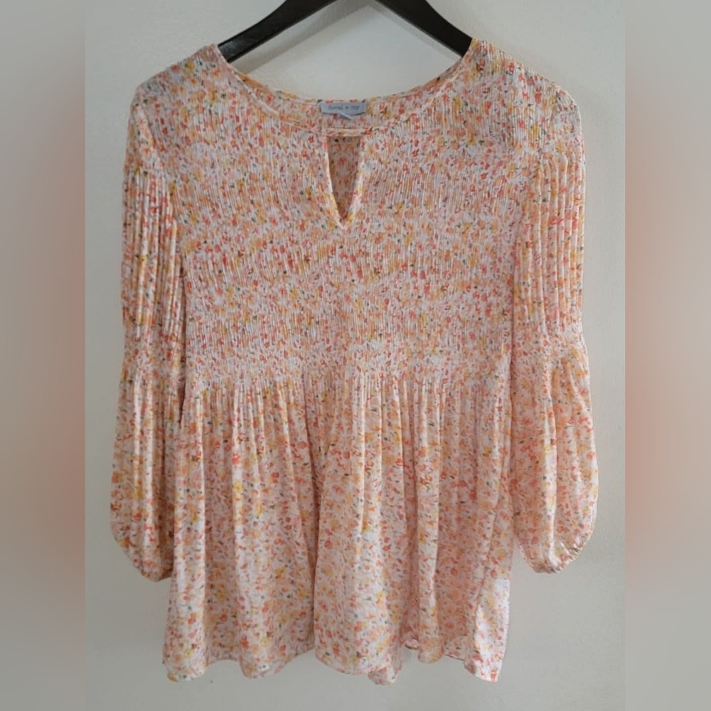 Orange and Cream Pleated 3/4 Sleeve Tunic